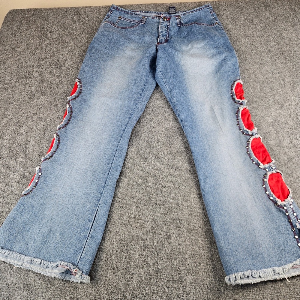 Younique‎ Jeans Womens 14 Blue Flare Red Cut Out Studded Distressed Y2K Denim